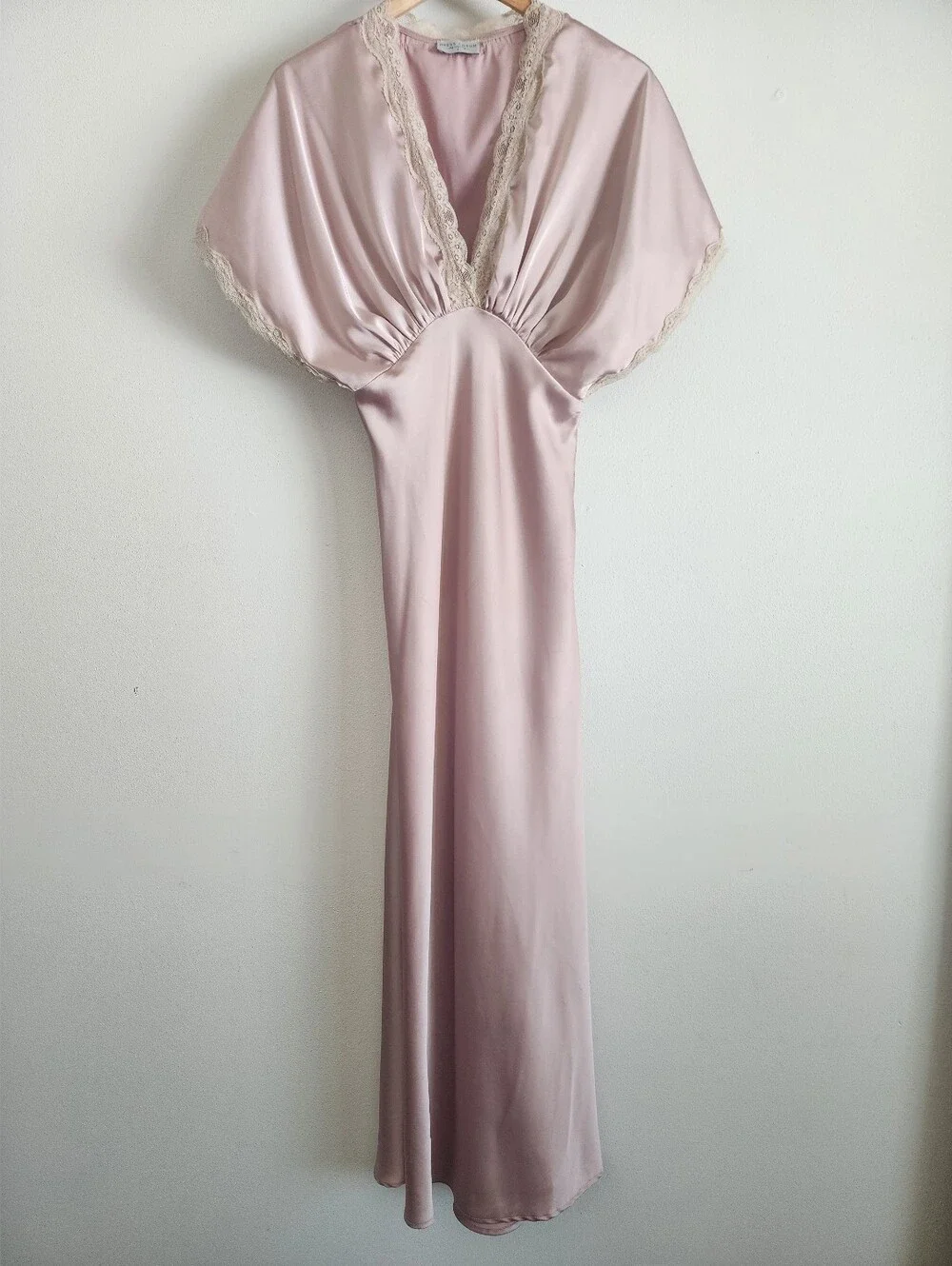 Pink Satin Lace Maxi Dress Small V-Neck Flowy Gown by Dress Forum Los Angeles - Picture 2 of 15